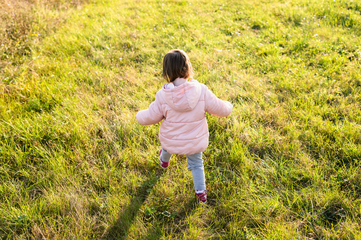 Rear view of child walking in meadow